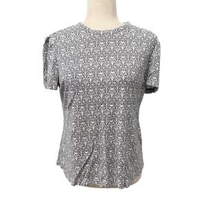 Tory Burch Top Womens M Slinky Knit Navy Damask Medallion Rayon Zip Back Blouse